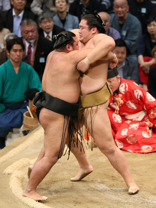 松鳳山(左)に引き落としで勝利する輝(撮影・栗木一考)