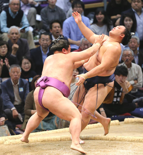 朝乃山を押し出しで下す嘉風(撮影・菊川光一)