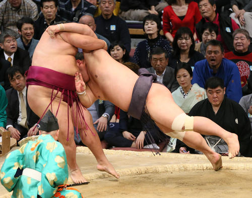 御嶽海(左)に寄り切りで勝利する妙義龍(撮影・栗木一考)