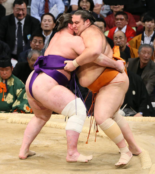栃ノ心(左)に寄り切りで敗れる魁聖(撮影・栗木一考)