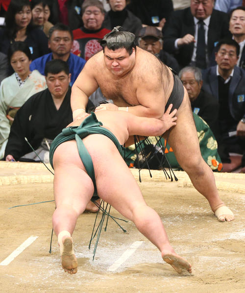 錦木(手前)をはたき込みで下す高安(撮影・栗木一考)
