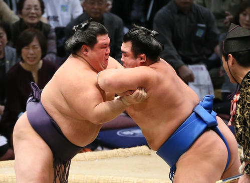 阿武咲（左）をきめ出しで下す琴奨菊（撮影・栗木一考）