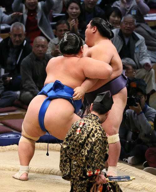 阿武咲（左）をきめ出しで破る琴奨菊（撮影・栗木一考）