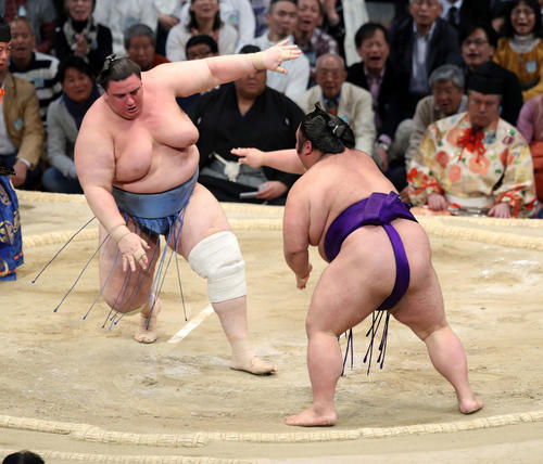 碧山（左）を押し倒しで破る貴景勝（撮影・鈴木正人）
