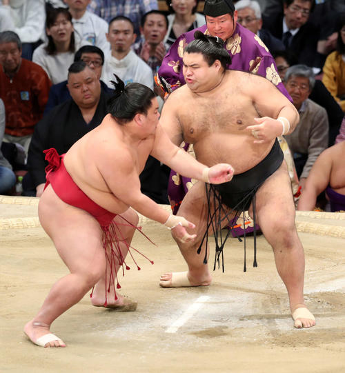 大栄翔（左）に激しく攻める高安（撮影・鈴木正人）