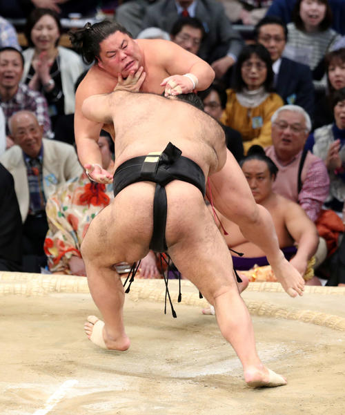 大栄翔（後方）を押し倒しで破る高安（撮影・鈴木正人）
