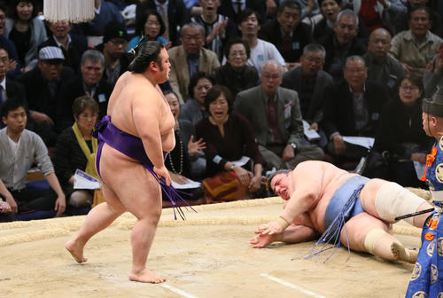 碧山（右）を押し倒しで下す貴景勝（撮影・栗木一考）