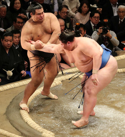 高安(左)を突き出しで破る逸ノ城(撮影・鈴木正人)