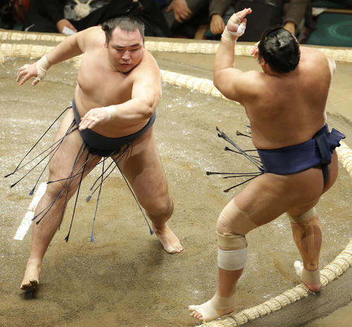 栃煌山(右)を突き出し下す鶴竜(撮影・河田真司)