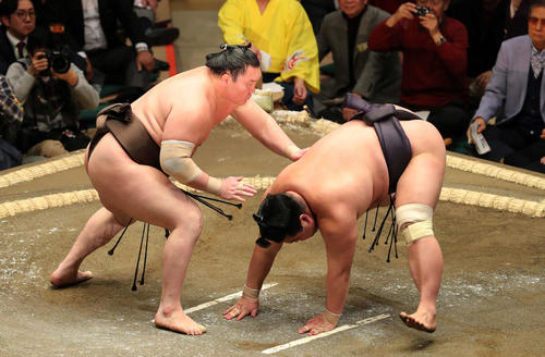 妙義龍(右)をはたき込みで破る白鵬(撮影・鈴木正人)