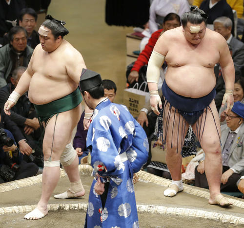 互いに額に傷を負っての取り組みとなった佐田の海(左)、勢(撮影・河田真司)