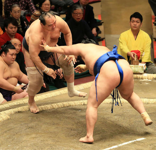 千代の国（右）に突き出しで敗れる安美錦（撮影・江口和貴）