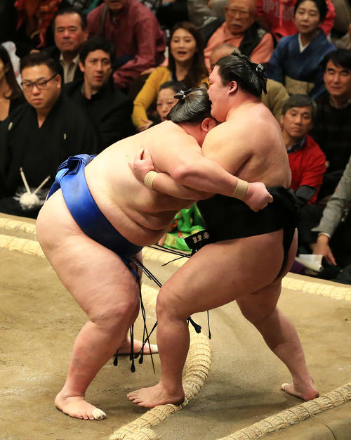 豪栄道（右）を寄り切りで破る逸ノ城（撮影・江口和貴）