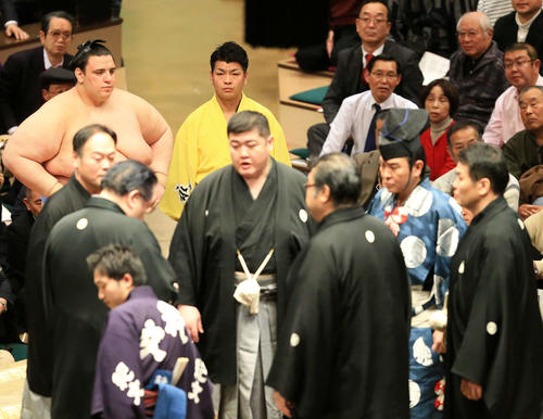 阿武咲のまげをつかんだとして協議され反則負けとなった碧山（後方左端）（撮影・江口和貴）