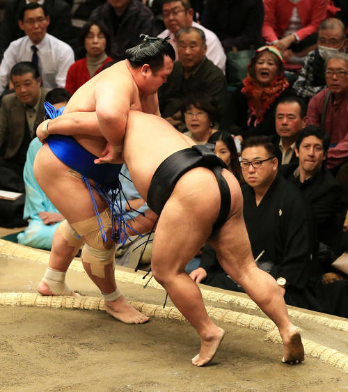 琴奨菊（左）を寄り切りで破る松鳳山（撮影・江口和貴）