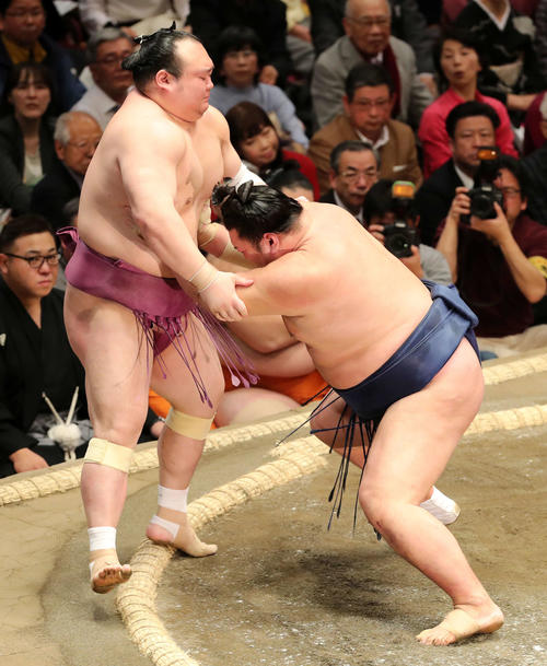 宝富士(左)を押し出しで破る勢(撮影・鈴木正人)