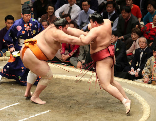 阿炎(右)を押し出しで破る魁聖(撮影・鈴木正人)