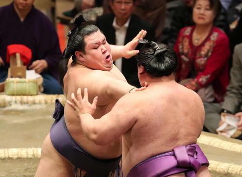 嘉風(右)を激しく攻める阿武咲(撮影・鈴木正人)