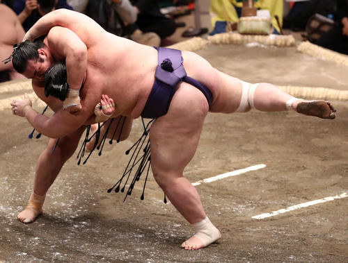 豊山（右）を首投げで破る千代の国（撮影・狩俣裕三）