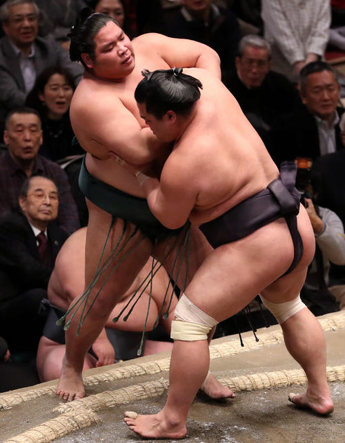 錦木（左）を寄り切りで破る妙義龍（撮影・狩俣裕三）
