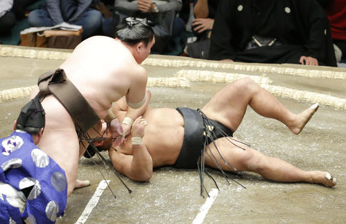 松鳳山（右）をはたき込みで下す白鵬（撮影・河田真司）
