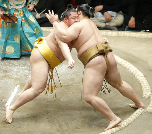 輝（右）を寄り切りで破る遠藤（撮影・河田真司）