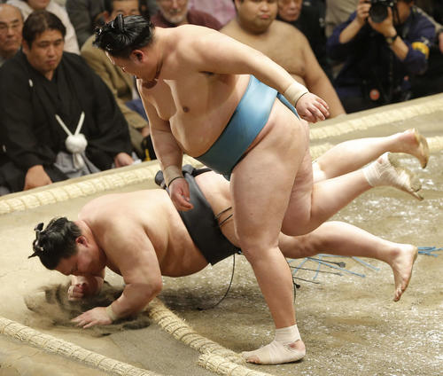 豪栄道（下）を突き落としで破る玉鷲（撮影・河田真司）