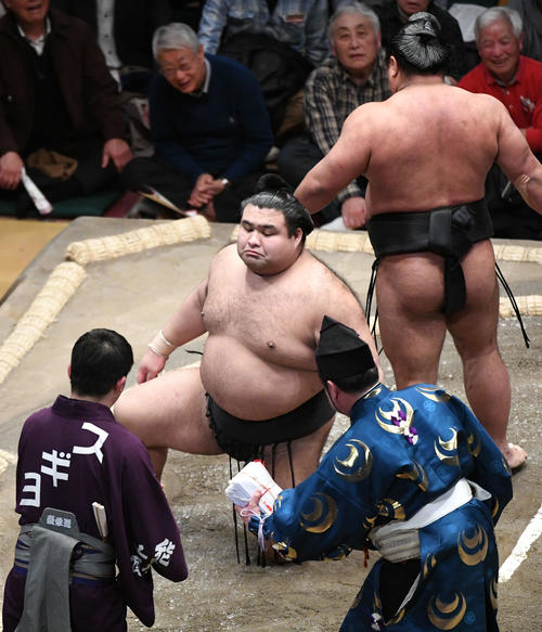 高安（中央）は松鳳山に突き落としで敗れる（撮影・山崎安昭）