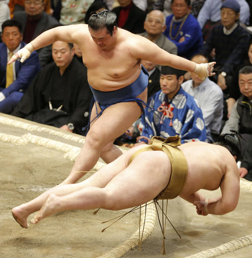 輝（下）をはたき込みで破る千代の国（撮影・河田真司）