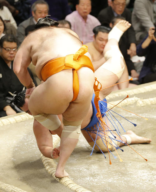 琴奨菊（奥）をすくい投げで破る魁聖（撮影・河田真司）
