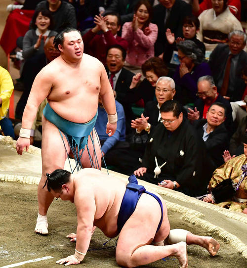 玉鷲(左)ははたき込みで北勝富士を下す(撮影・小沢裕)