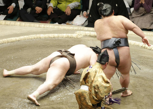白鵬(左)を突き落としで破る貴景勝(撮影・河田真司)