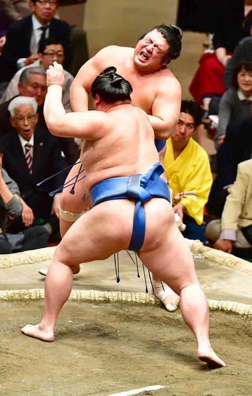 正代(左)は押し出しで栃煌山を下す(撮影・小沢裕)