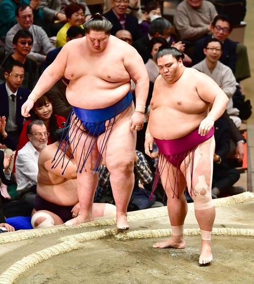 御嶽海は寄り切りで逸ノ城(左)を下す(撮影・小沢裕)