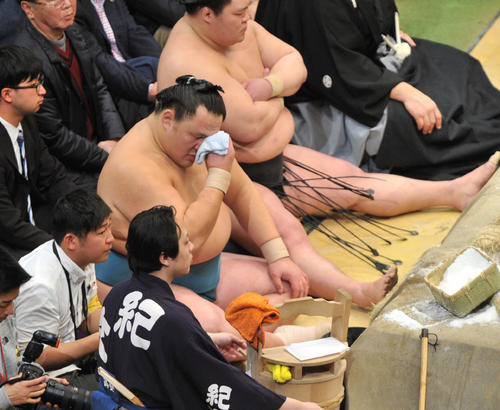 初優勝を決めた玉鷲は土俵下で涙を拭う（撮影・岡本肇）