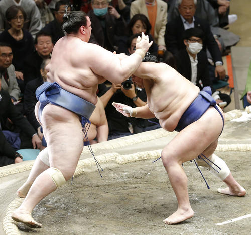 碧山（左）を押し出しで破る北勝富士（撮影・河田真司）