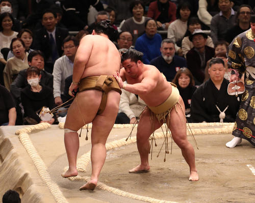 大相撲大阪場所　輝（左）を送り出しで破る石浦（撮影・白石智彦）
