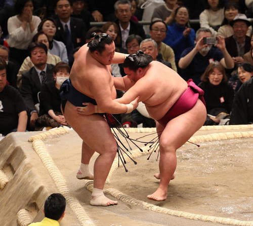 玉鷲（左）を押し出しで破る御嶽海（撮影・白石智彦）