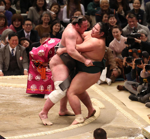 錦木（右）を寄り倒しで破る栃ノ心（撮影・白石智彦）