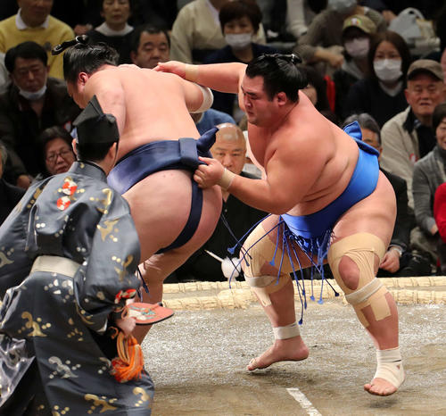 勢（左）を送り出しで破る琴奨菊（撮影・鈴木正人）