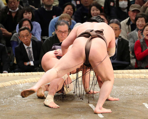 妙義龍（後方）を突き落としで破る白鵬（撮影・鈴木正人）