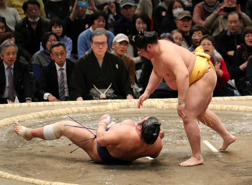 栃煌山（左）を巻き落としで破る遠藤（撮影・鈴木正人）