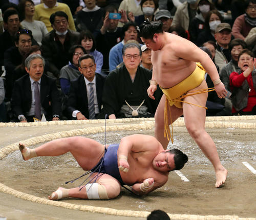 栃煌山（左）を巻き落としで破る遠藤（撮影・鈴木正人）