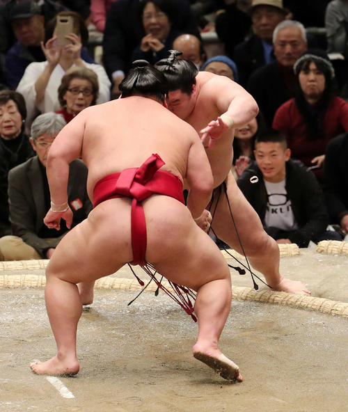 豪栄道(後方)を押し出しで破る大栄翔(撮影・鈴木正人)