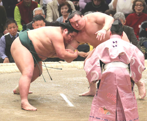 錦木(左)をを激しく攻める白鵬(撮影・鈴木正人)