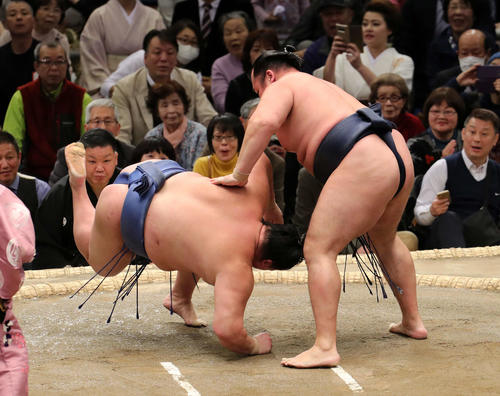正代(左)をはたき込みで破る鶴竜(撮影・鈴木正人)