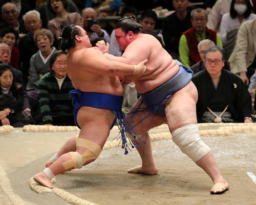 琴奨菊(左)を押し出しで破る碧山(撮影・鈴木正人)