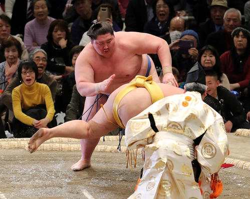 遠藤(手前)をはたき込みで破る逸ノ城(撮影・鈴木正人)