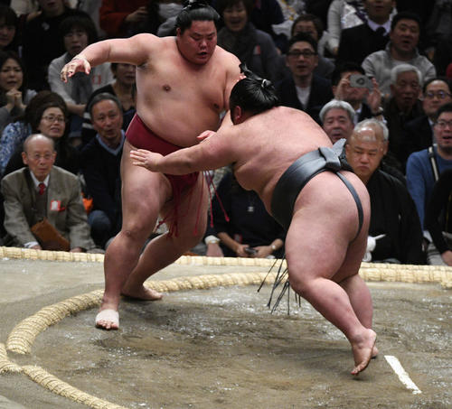 貴景勝は突き出しで大栄翔(左)を破る(撮影・渦原淳)