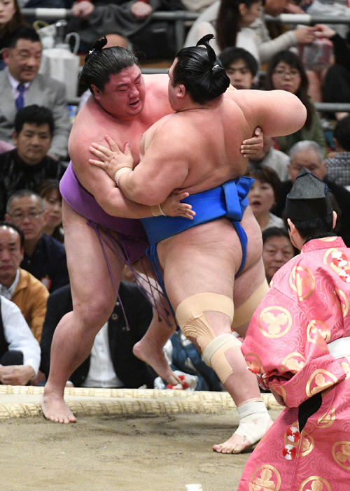 嘉風（左）を押し出す琴奨菊（撮影・渦原淳）